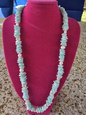 Turquoise Chip and Pearl Necklace - Aqua Beaded Women’s Jewelry 19 Inches Long